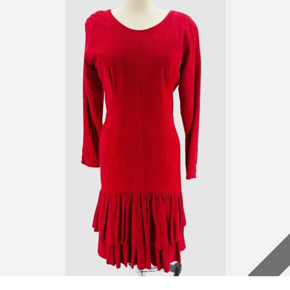 VAKKO Vtg 80s Red Suede Drop Waist Ruffle LSV Dress 6 Cowgirl Western Boho - Picture 11 of 11